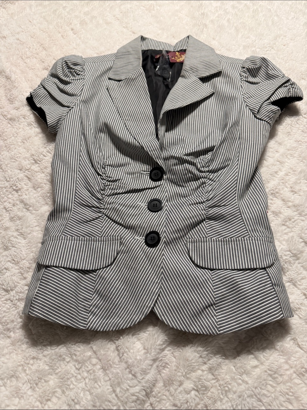 Pinstripe Short-Sleeve Blazer Jacket in Black and White